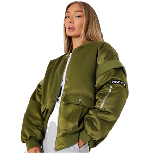 Blouson bomber en satin vert olive pour femme, col montant, fermeture éclair, manches longues, coupe-vent d'automne avec patch New York - Product Image 1
