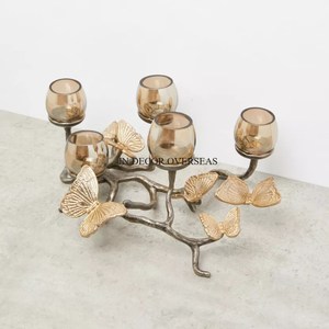 Ensemble de chandeliers en métal doré en forme de branche de papillon, très demandé, avec 5 supports en verre, décoratif pour la maison et les mariages, décoration de table - Product Image 1