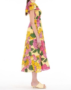 Floral Print Chiffon Tea-Length <b>Dress</b> V-Neck Cap Sleeve Empire Waist <b>A</b>-<b>Line</b> Bohemian Summer Casual Breathable 120g Women's <b>Dress</b> - Product Image 2