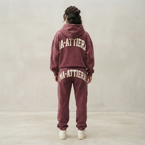 Custom <b>Burgundy</b> Washed Hoodie and Jogger Sweatpants Set Women Cotton Fleece Casual Tracksuit OEM ODM Wholesale - Product Image 2