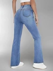 Vaqueros de mezclilla de cintura alta y pierna ancha para mujer, estilo vintage, ecológicos, impermeables, teñidos con hilo, mezcla de poliéster/algodón, con cremallera - Product Image 3