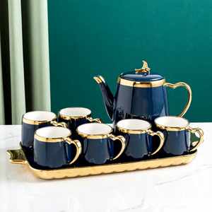 Juego de Té de Porcelana Europea de Lujo, Tazas, Tetera, Bandeja, Blanco con Borde Dorado y Plateado, Resistente a la Decoloración, Libre de BPA, Ecológico - Product Image 5