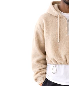 Sudadera con capucha corta de forro polar texturizado beige personalizada, con cremallera de cuarto, dobladillo con cordón ajustable, estilo casual urbano, cálida, con logotipo personalizado - Product Image 4