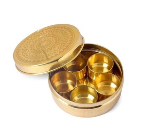 Traditional Metal <b>Masala</b> Dabba Spice <b>Box</b> with Engraved Lid and Bowls Dust Resistant Kitchen Herb Container - Product Image 2