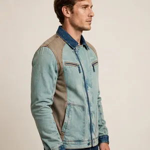 Veste en jean pour homme, couleur personnalisée, avec empiècements contrastés, fermeture éclair, col rabattu, style décontracté, pour l'automne - Product Image 3