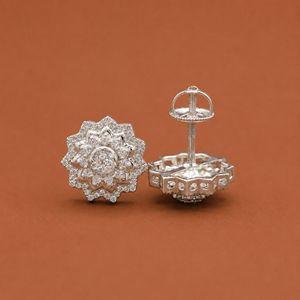 S925 Sterling Silver <b>Moissanite</b> Floral Stud <b>Earrings</b> with Round Diamond Shape Center and Intricate Design - Product Image 3