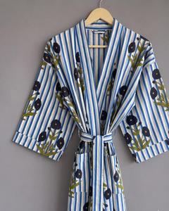 Robe kimono pour femme à rayures florales brodées, manches trois quarts, robe midi ample avec poches, tenue décontractée d'été, 100% coton - Product Image 4