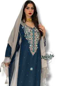 Awais House Women's Navy Blue Embroidered Lightweight <b>Plus</b> <b>Size</b> Floor Length Long Sleeve Elegant Wedding Wear Polyester Abaya - Product Image 5