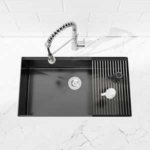Lavello da cucina artigianale in acciaio inox a vasca singola da 76x48 cm, da incasso, con tagliere e scolapiatti, nero (non disponibile per la spedizione) - Product Image 2