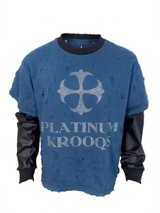 Custom High Quality Rhinestone Cross <b>Blue</b> Vintage Distressed Ripped Layered Leather Sleeve Oversized <b>Men</b> T Shirt Streetwear - Product Image 1
