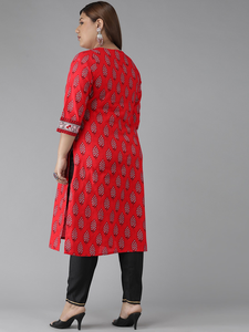 Kurti Recto de Algodón Rojo con Estampado Floral para Mujer, Talla Grande, Cuello en V y Mangas Tres Cuartos, Venta al Por Mayor - Product Image 2