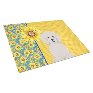 Tournesols d'été Bichon Frisé Planche à découper décorative en verre trempé Planche de service de cuisine de grande taille pour hacher et cuisiner - Product Image 1