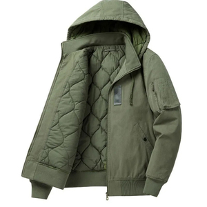 Chaqueta Bomber Verde Oliva con Capucha, Casual, Resistente al Viento, con Cierre y Bolsillos, Cuello Alto, Corte Regular, Color Sólido, Chaqueta de Lona para Hombre - Product Image 2