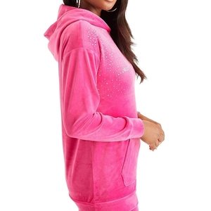 INDEX Women Pink <b>Velour</b> Hooded <b>Sweatshirt</b> Full Sleeve Rhinestone Decorated Solid Color Breathable Autumn Casual Style - Product Image 5