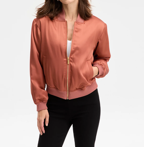Women's Stylish <b>Lined</b> Short Casual Satin Bomber Jacket Lightweight Zipper Pocket <b>Coat</b> for Autumn/Spring Everyday Wear - Product Image 5