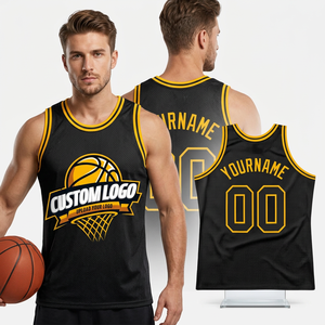 Maillot de basket-ball personnalisé sublimé noir et jaune en mesh, débardeur unisexe adulte respirant en polyester avec impression de logo sur le devant - Product Image 6