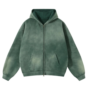 Sweat à capuche zippé en molleton de coton délavé effet soleil pour homme, 100% coton, vierge, coupe oversize, brodé, pour l'automne - Product Image 3