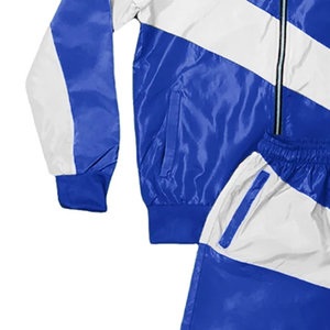 Ensemble de survêtement imprimé grande taille à blocs de couleur bleu et blanc, avec sweat à capuche zippé à manches longues et short sportif, en polyester mi-lourd, pour l'automne - Product Image 4