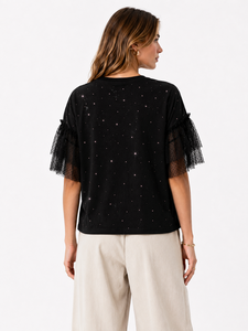 OEM Custom Logo Tulle <b>Patchwork</b> T-<b>Shirt</b> Wholesale women's <b>shirt</b> Chic Sparkling Rhinestone Top Ruffled Short Sleeve Sheer Layered - Product Image 2