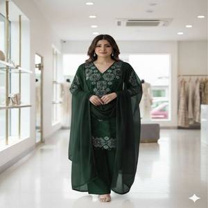 Conjunto de Traje Palazzo VASTRA COTTAGE con Top Kurti Bordado con Lentejuelas, Talla Única, Palazzo y Dupatta Cosidos, Ropa Étnica - Product Image 1