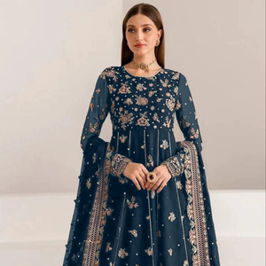 Costume Anarkali semi-cousu en faux gorette brodé de sequins pour les fêtes de Diwali et les mariages - Style moderne - Product Image 1