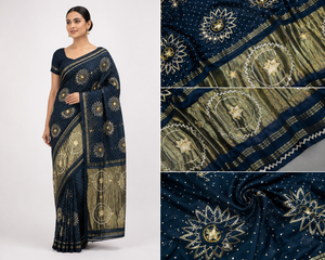 Sari indien traditionnel bleu marine imprimé pour femme, avec bordure tissée, idéal pour les fêtes – Fournisseur OEM - Product Image 3