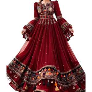 Robe de bal rouge vintage avec broderie à la main, manches évasées à pompons, taille naturelle, col rond, style bohème, en satin, coupe trapèze - Product Image 1