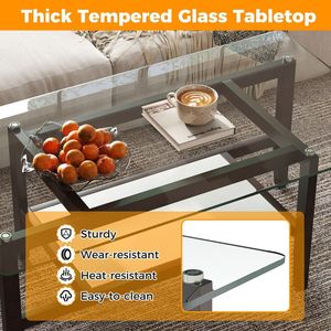 42-Inch Rectangular 2-Tier Glass Coffee <b>Table</b> with Storage Shelf - Product Image 6
