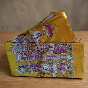 Sari de Seda Banarasi Golden Blossom Kalamkari, Estampado a Mano, Algodón Suave, Estilo Indio, para Festivales y Fiestas Étnicas - Product Image 6
