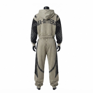 <b>Women</b> Solid Embroidered Vintage Belt Contrast Panel Cropped Zip up Hoodie and Wide Leg <b>Sweatpants</b> Two Piece Tracksuit Set - Product Image 4