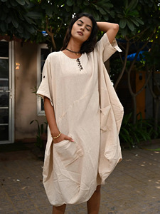 Pure Linen Beige <b>Kaftan</b> Midi Dress with Pockets Casual <b>Summer</b> Lounge Wear for Women Casual Outings Versatile Dress - Product Image 2