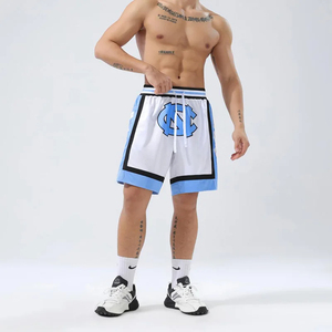 Zipper Pocket <b>Men's</b> White Mesh Basketball <b>Shorts</b> Front Custom Logo Blue <b>Black</b> Trim Athletic Streetwear <b>Shorts</b> For <b>Men</b> - Product Image 1