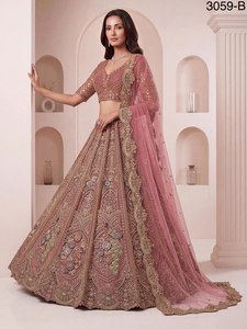 Ensemble Lehenga Rose Brodé de Perles, Robe de Mariée, Dupatta en Tulle, Blouse, Jupe, Tenue de Cérémonie Nuptiale, Silhouette Trapèze Amovible - Product Image 5