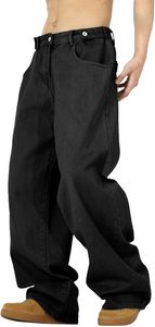 Jean en coton noir uni pour homme grande taille, taille haute, coupe ample, décontracté, avec braguette boutonnée en tissu tissé - Product Image 3