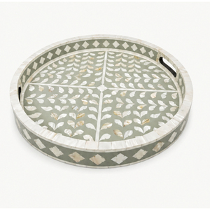 Luxury <b>Sage</b> <b>Green</b> Handmade Bone Inlay Tray Round Decorative Coffee Table Serving Platter Eco-Friendly Mother of Pearl <b>Home</b> Decor - Product Image 1