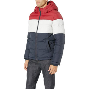 <b>Men's</b> Winter <b>Puffer</b> <b>Jacket</b> Hooded Color Blocking Red <b>White</b> Navy Zipper Closure Windproof Casual Outerwear - Product Image 2