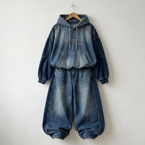 Ensemble survêtement en jean bleu pour femme, coupe oversize, avec jean large et pantalon à jambes larges, bicolore, style streetwear, fabricant de vêtements personnalisés - Product Image 6
