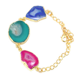 Pulsera de cristal curativo con cadena ajustable chapada en oro de 18 quilates y rodajas de ágata natural Royal Fashion para mujer, venta al por mayor. - Product Image 2