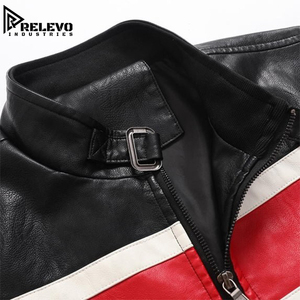 <b>Men</b> Black Leatherette Racing <b>Jacket</b> with Red and <b>White</b> Stripes, Casual Zip Up Biker Coat with Stand Collar and Buckle Detail - Product Image 4