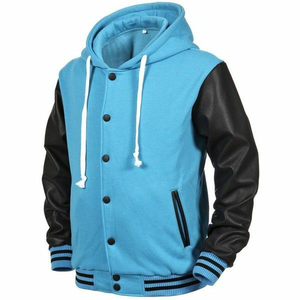 Men <b>Black</b> Hooded Zip-Up <b>Sweatshirt</b> With Leather Sleeves Slim Fit Windproof Fleece Terry Biker Leather Hoodie With Leather Sleeve - Product Image 2
