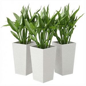 Set di 3 Grandi Vasi Cilindrici Smaltati Bianchi Alti 60 cm, Fioriere Decorative da Esterno in Rattan con Fori di Drenaggio - Product Image 1