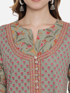 Ensemble Kurti en coton imprimé à la main, robe longue trapèze à manches trois quarts, coupe décontractée ample, tissu tissé respirant - Product Image 2