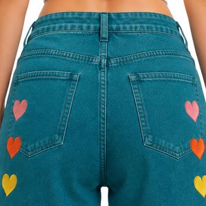 Teal Blue <b>Rainbow</b> Heart Embroidered Women Denim Shorts High Waist Casual Loose Fit Rolled Hem Cotton Summer Fashion Jeans Shorts - Product Image 6