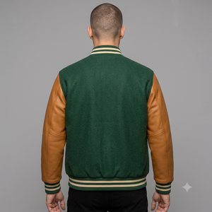 Veste Varsity Verte pour Hommes avec Manches en Cuir Marron, Fermeture à Boutons, Veste Casual, Col Revers, Veste en Polaire - Product Image 3