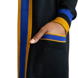 Sigma Gamma Rho Long Black <b>Duster</b> Cardigan Women Blue Gold Trim Knit Sweater Greek Sorority Elegant Casual Style - Product Image 3