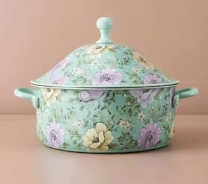 Marmite Chauffante Émaillée Florale Menthe Pastel pour Usage Domestique et Hôtelier, Style Arabe, pour Maintenir les Plats au Chaud - Product Image 1