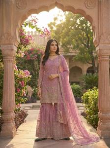 Ensemble élégant de sharara brodé pour femme, parure de designer Fendy en soie froissée, kurta sharara palazzo avec dupatta fantaisie pour mariage - Product Image 6