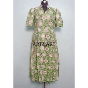 Fashionable Vintage Sweet Summer <b>Dress</b> 100% Cotton Floral Printed Short Sleeves V-Neck <b>Women</b> Casual Formal Occasion A-Line Midi - Product Image 3