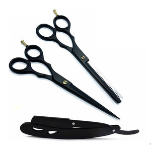 Professional Matte Black Stainless Steel <b>Barber</b> <b>Set</b> with Hair Cutting Scissors Thinning Shears and Straight Razor - Product Image 1