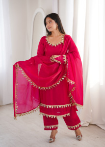 Exclusive Fendy Silk <b>Kurti</b> Set With Real Mirror Lace Work Designer Palazzo Dupatta Ethnic Wear Collection Fully Stitched Women - Product Image 4